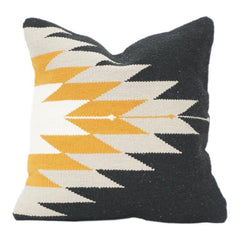 Handwoven Geometric Cotton Cushion Cover 45x45 cm – Black, Mustard & Ivory Tribal Pattern | Modern Boho Decor
