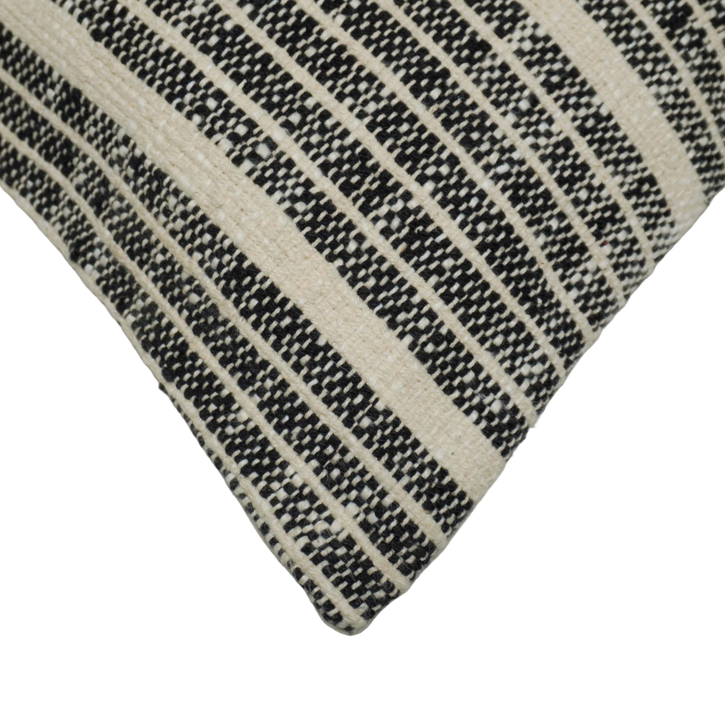 Handwoven Cotton Cushion Cover 45x45 cm | Black & Natural Striped Woven Throw Pillow Cover | Modern Boho Farmhouse Decorative Cushion Cover | Hidden Zipper