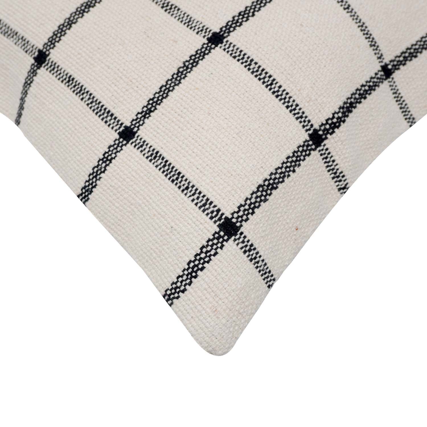 Handwoven Cotton Checkered Cushion Cover 45x45 cm | Black & Ivory Grid Pattern | Modern Farmhouse Decorative Throw Pillow Cover | Hidden Zip | 100% Cotton