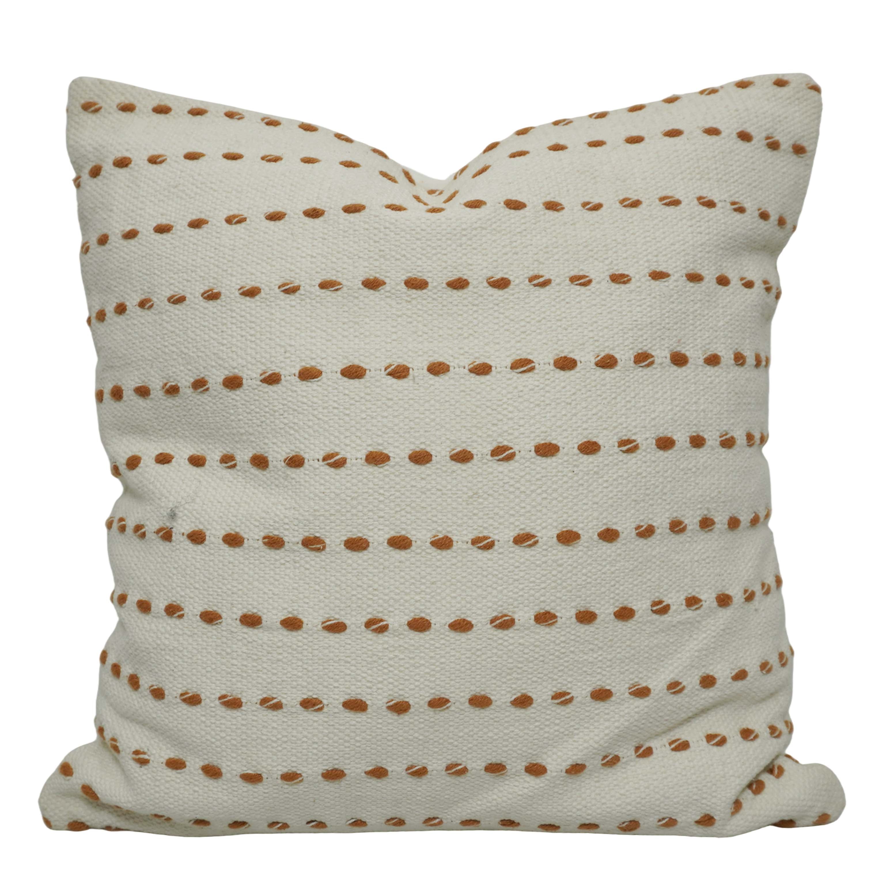 Handwoven Cotton Cushion Cover 45x45 cm | Ivory with Rust Dotted Woven Stripe Design | Decorative Throw Pillow Cover | Hidden Zipper | Modern Boho Home Décor