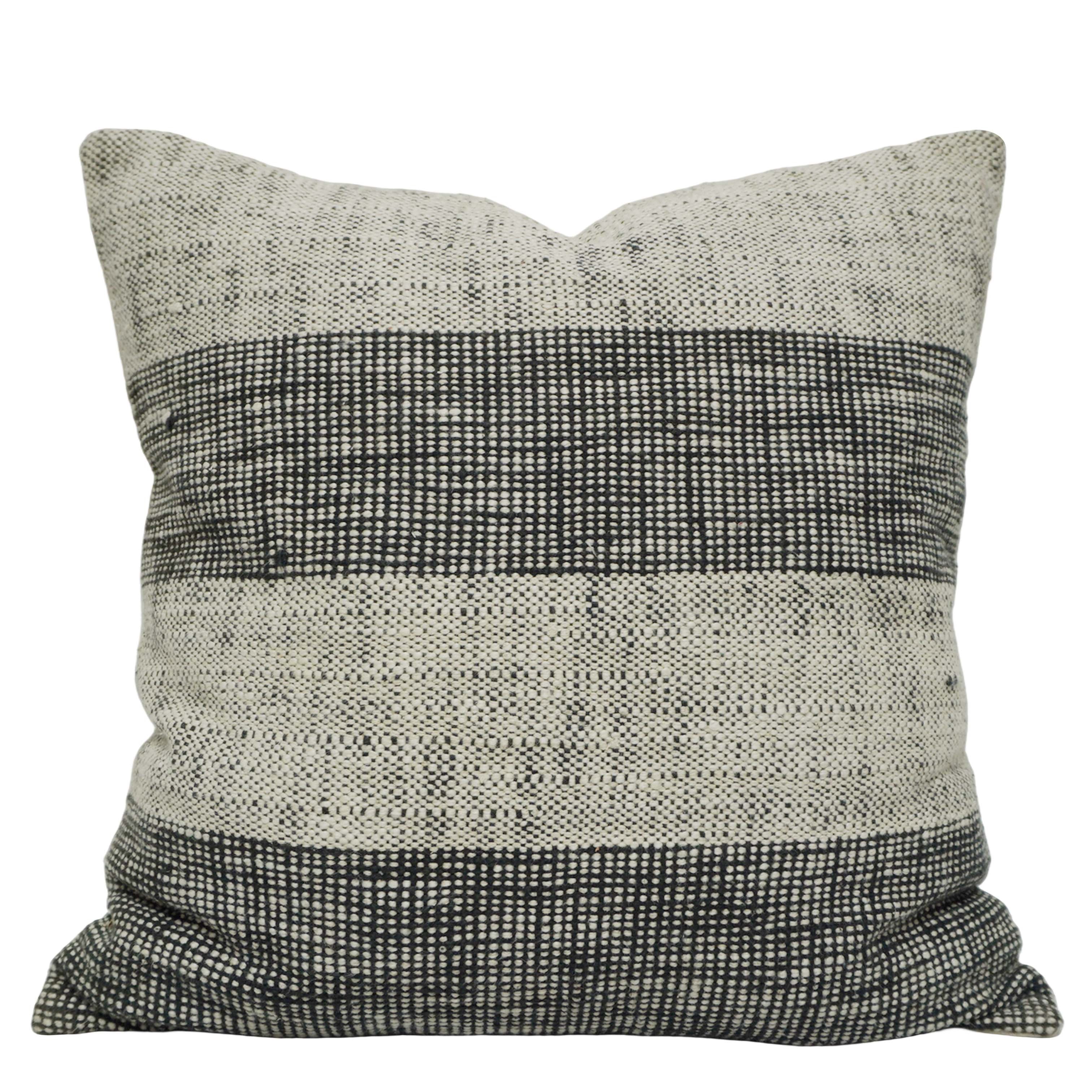 Handwoven Cotton Cushion Cover 45x45 cm | Black & Natural Textured Stripe Design | Decorative Sofa Cushion Cover | Hidden Zip | 100% Cotton | 18x18 Inch