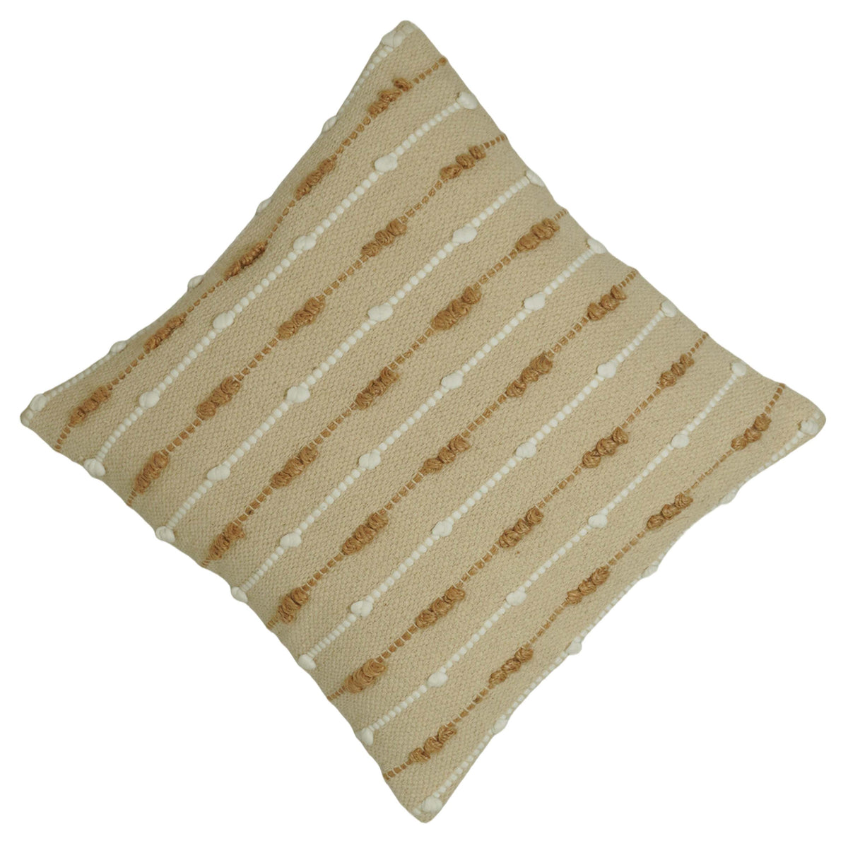 Handwoven Cotton Cushion Cover 45x45 cm | Textured Woven Throw Pillow Cover | Natural Beige with White & Brown Tufted Stripes | Boho Farmhouse Decorative Cushion Cover | Hidden Zipper
