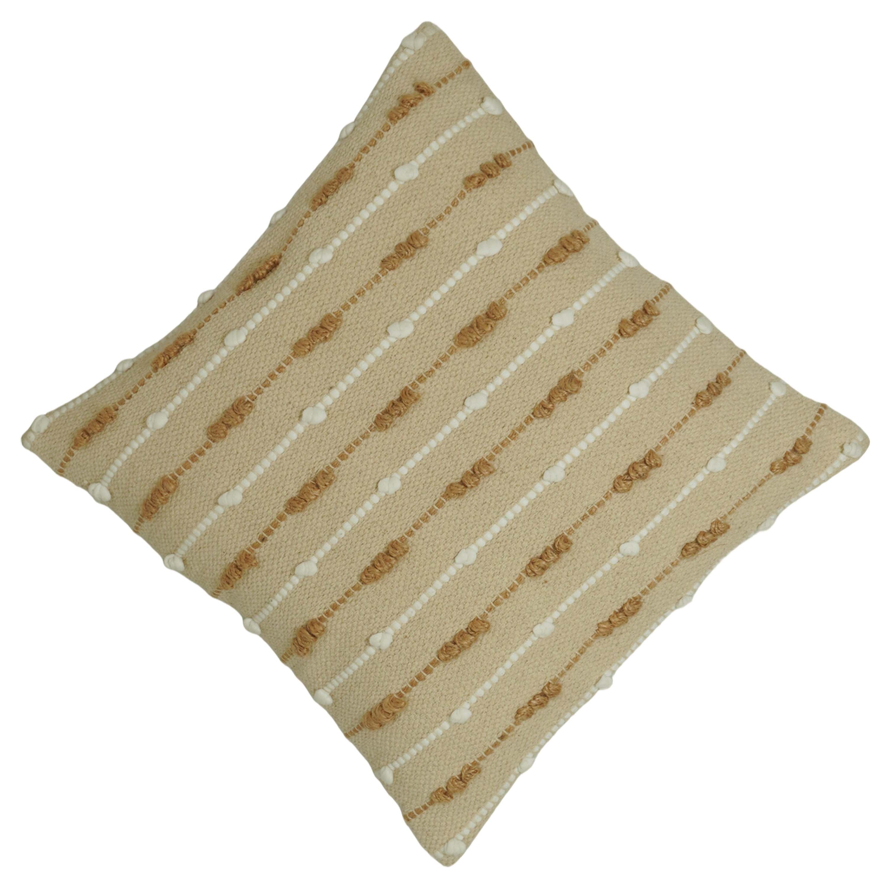 Handwoven Cotton Cushion Cover 45x45 cm | Textured Woven Throw Pillow Cover | Natural Beige with White & Brown Tufted Stripes | Boho Farmhouse Decorative Cushion Cover | Hidden Zipper