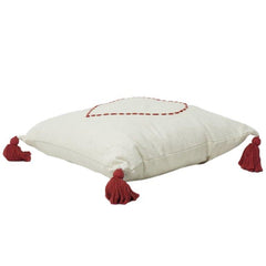 Embroidered Heart Cotton Cushion Cover with Tassels | Minimal Romantic Decor | 18x18 Inch