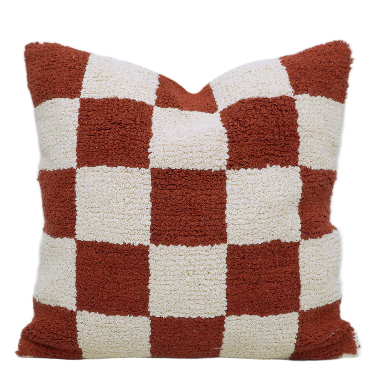 Machine Tufted Checkerboard Cushion Cover – Rust & Cream Textured Design, 45 x 45 cm