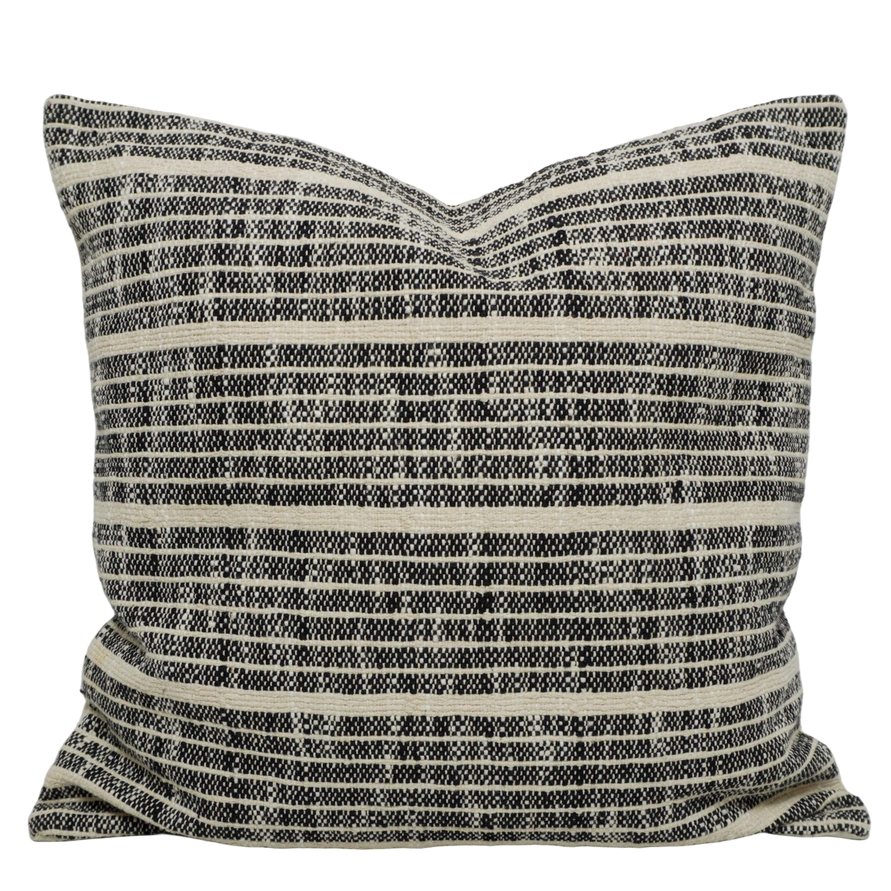 Handwoven Cotton Cushion Cover 45x45 cm | Black & Natural Striped Woven Throw Pillow Cover | Modern Boho Farmhouse Decorative Cushion Cover | Hidden Zipper