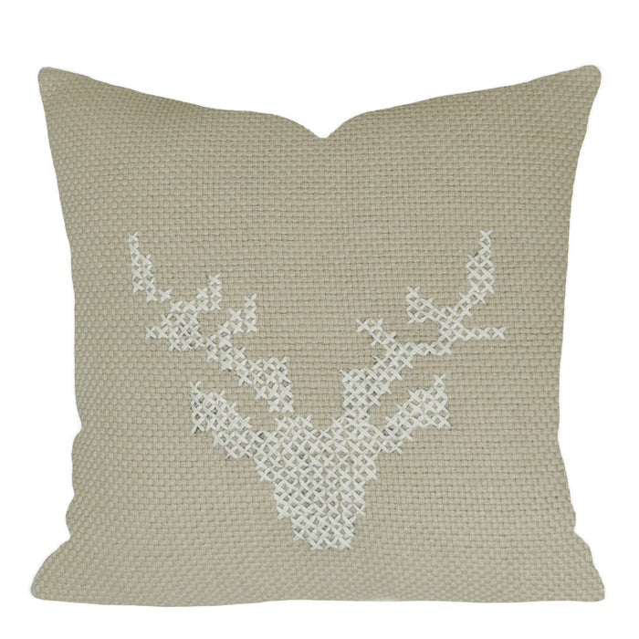 Handcrafted Deer Embroidered Cushion Cover 45x45 cm, Natural Beige Textured Cushion Cover with Ivory Deer Design