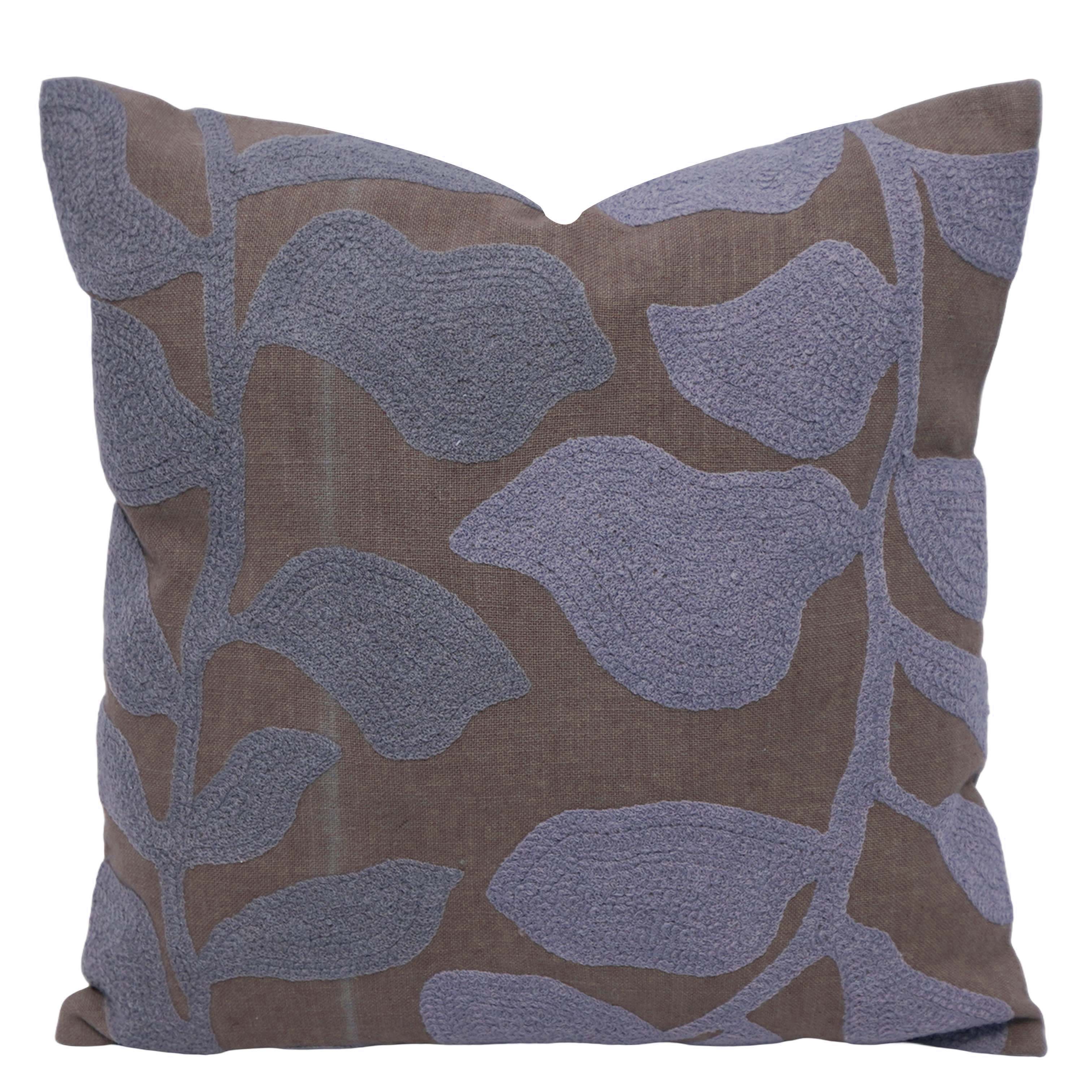 45x45 cm Machine Embroidered Cotton Cushion Cover | Modern Leaf Pattern | Decorative Throw Pillow Cover with Concealed Zip | Grey & Brown