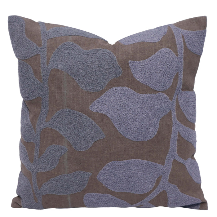 45x45 cm Machine Embroidered Cotton Cushion Cover | Modern Leaf Pattern | Decorative Throw Pillow Cover with Concealed Zip | Grey & Brown