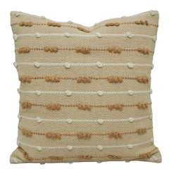 Handwoven Cotton Cushion Cover 45x45 cm | Textured Woven Throw Pillow Cover | Natural Beige with White & Brown Tufted Stripes | Boho Farmhouse Decorative Cushion Cover | Hidden Zipper