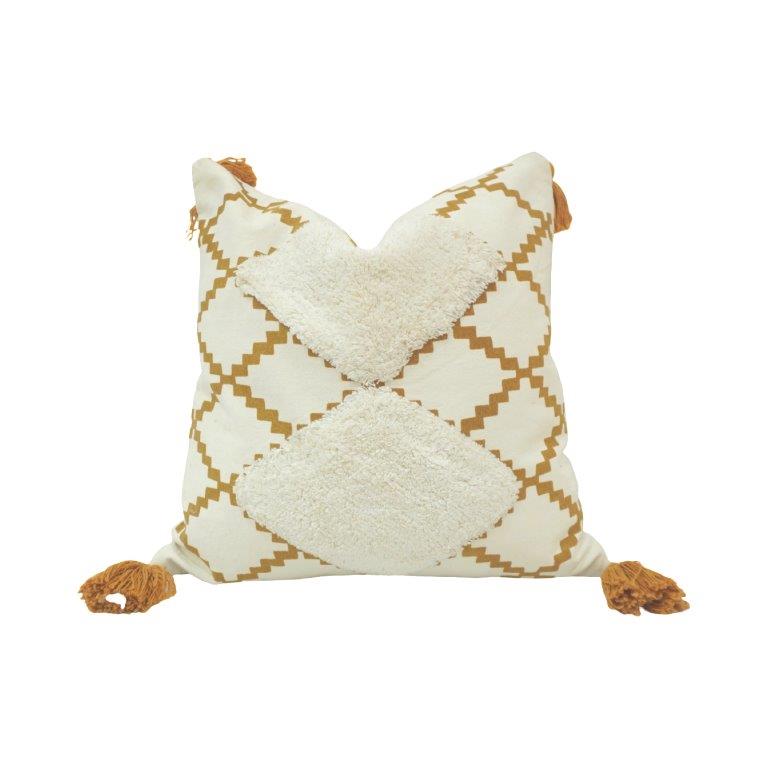 Boho Diamond Tufted & Printed Cotton Cushion Cover with Tassels – 45x45 cm