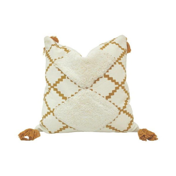 Boho Diamond Tufted & Printed Cotton Cushion Cover with Tassels – 45x45 cm