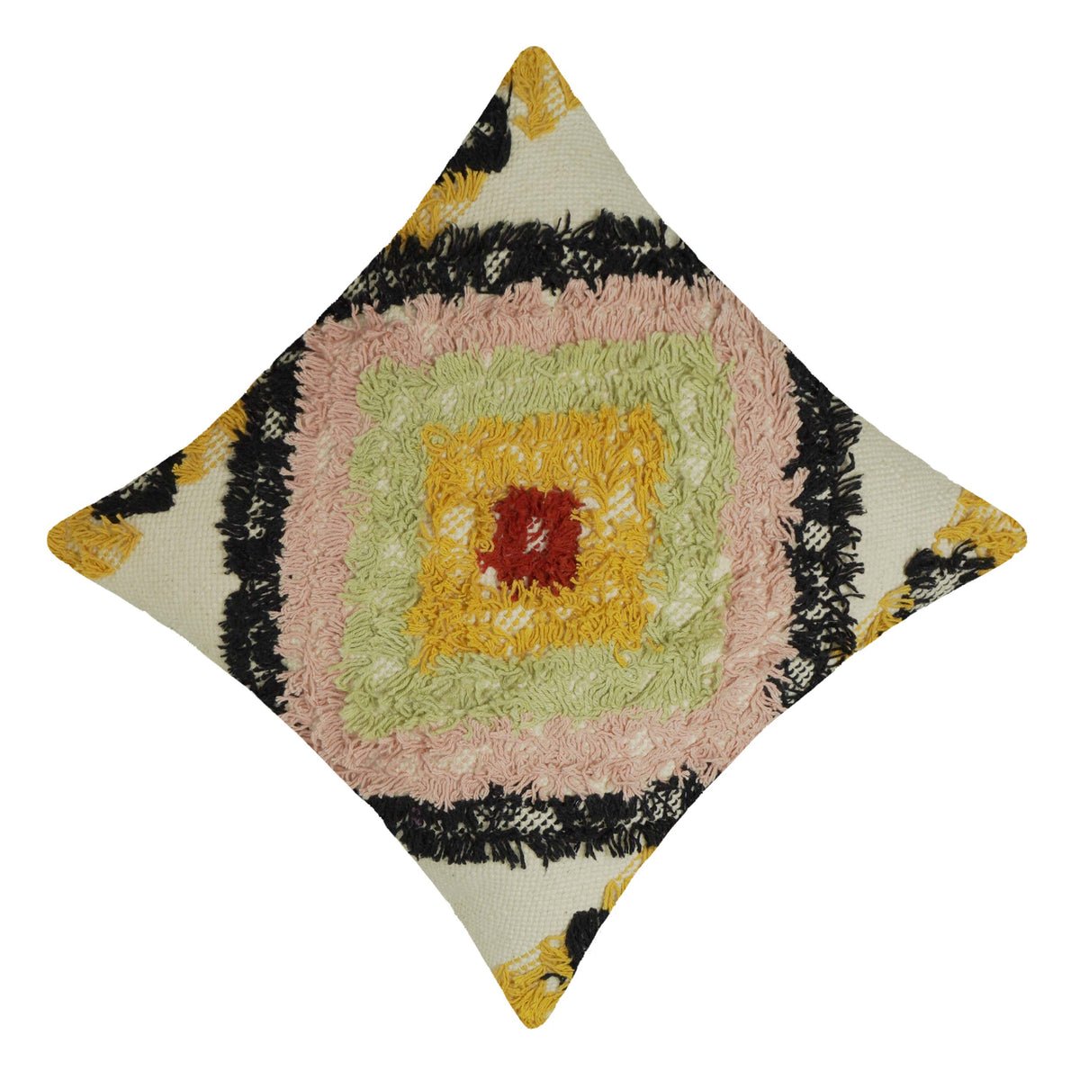 **Handmade Tufted Cotton Cushion Cover – Multicolor Geometric Diamond Design, 45 x 45 cm**