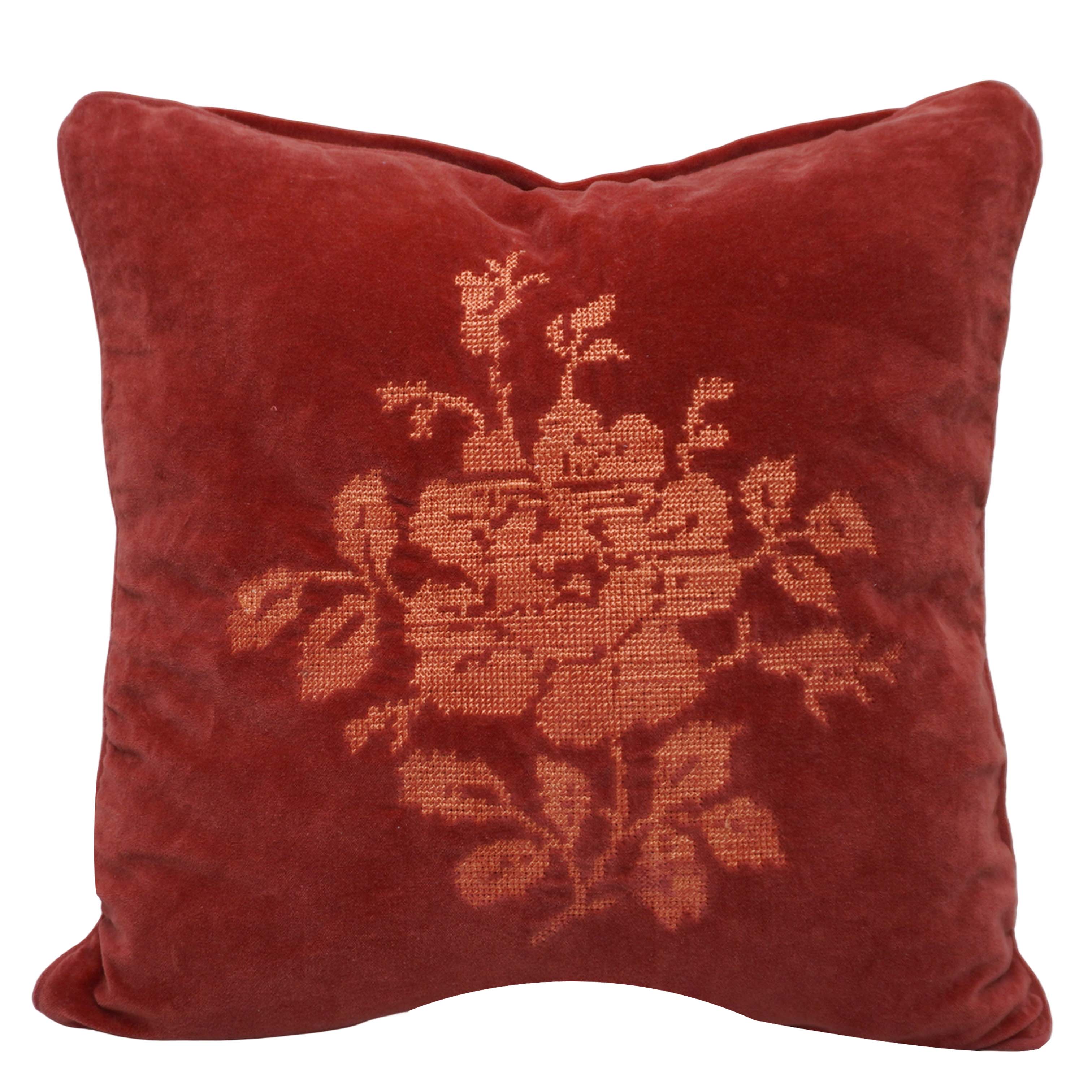 Rust Cotton Velvet Embroidered Cushion Cover 45x45 cm | Floral Embroidery Decorative Throw Pillow Cover | Hidden Zipper | Sofa & Bed Accent Cushion
