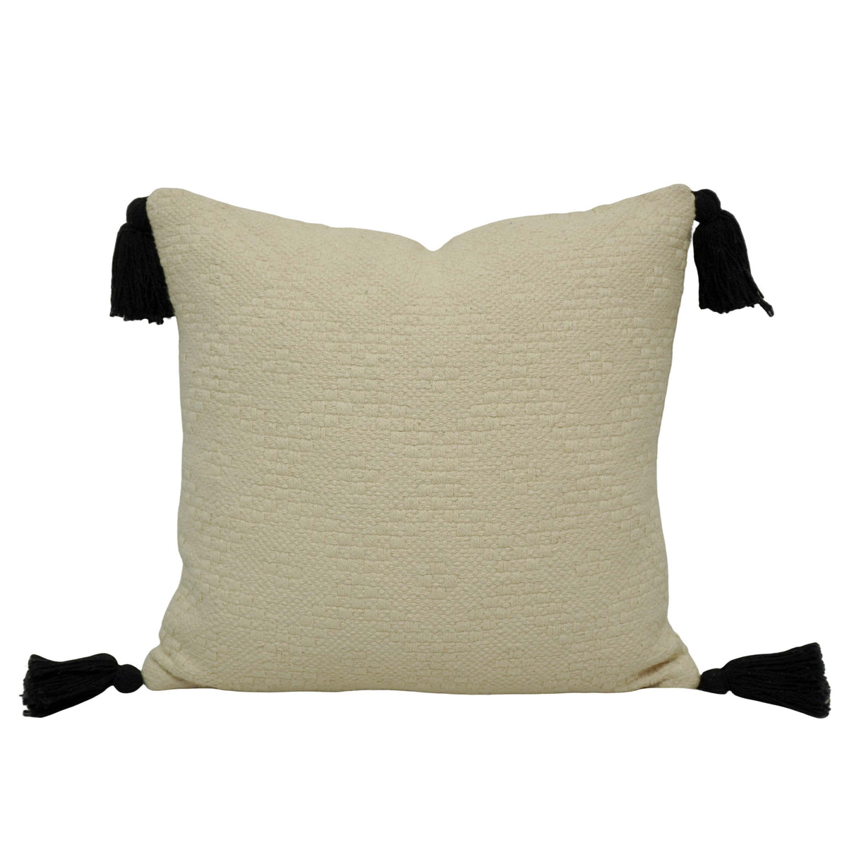 Handwoven Cotton Cushion Cover 45x45 cm – Textured Cream with Black Tassel Corners