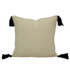 Handwoven Cotton Cushion Cover 45x45 cm – Textured Cream with Black Tassel Corners
