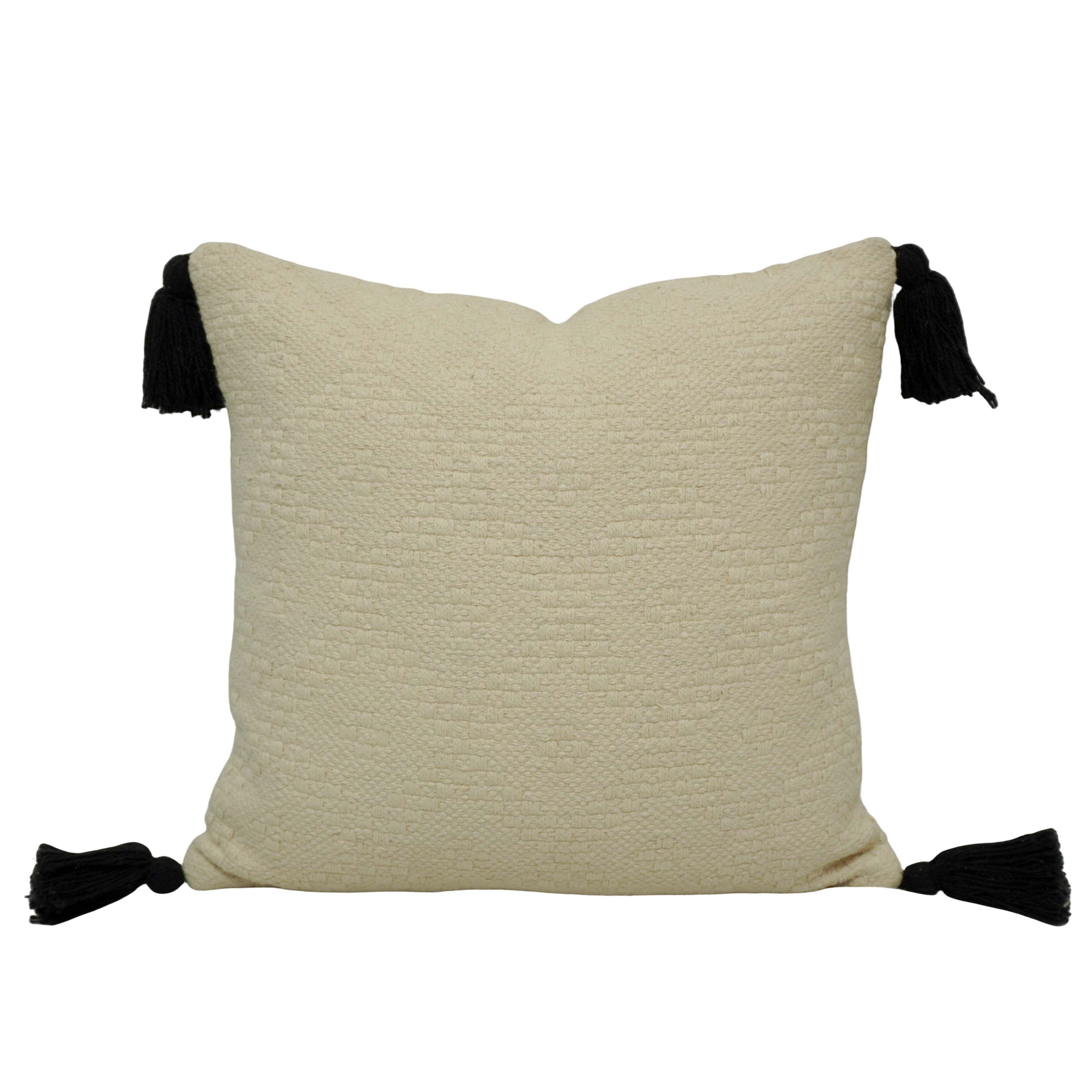 Handwoven Cotton Cushion Cover 45x45 cm – Textured Cream with Black Tassel Corners