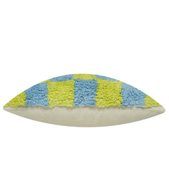 Hand Tufted Cushion Cover 45x45 cm – Blue & Lime Green Abstract Checkerboard Textured Design