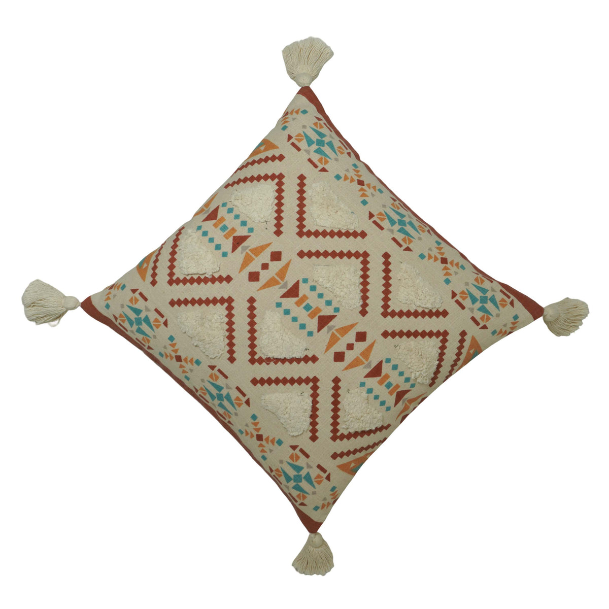 Printed & Tufted Cotton Cushion Cover 45x45 cm | Geometric Boho Decorative Throw Pillow Cover with Tassels | Concealed Zip | Beige Multi