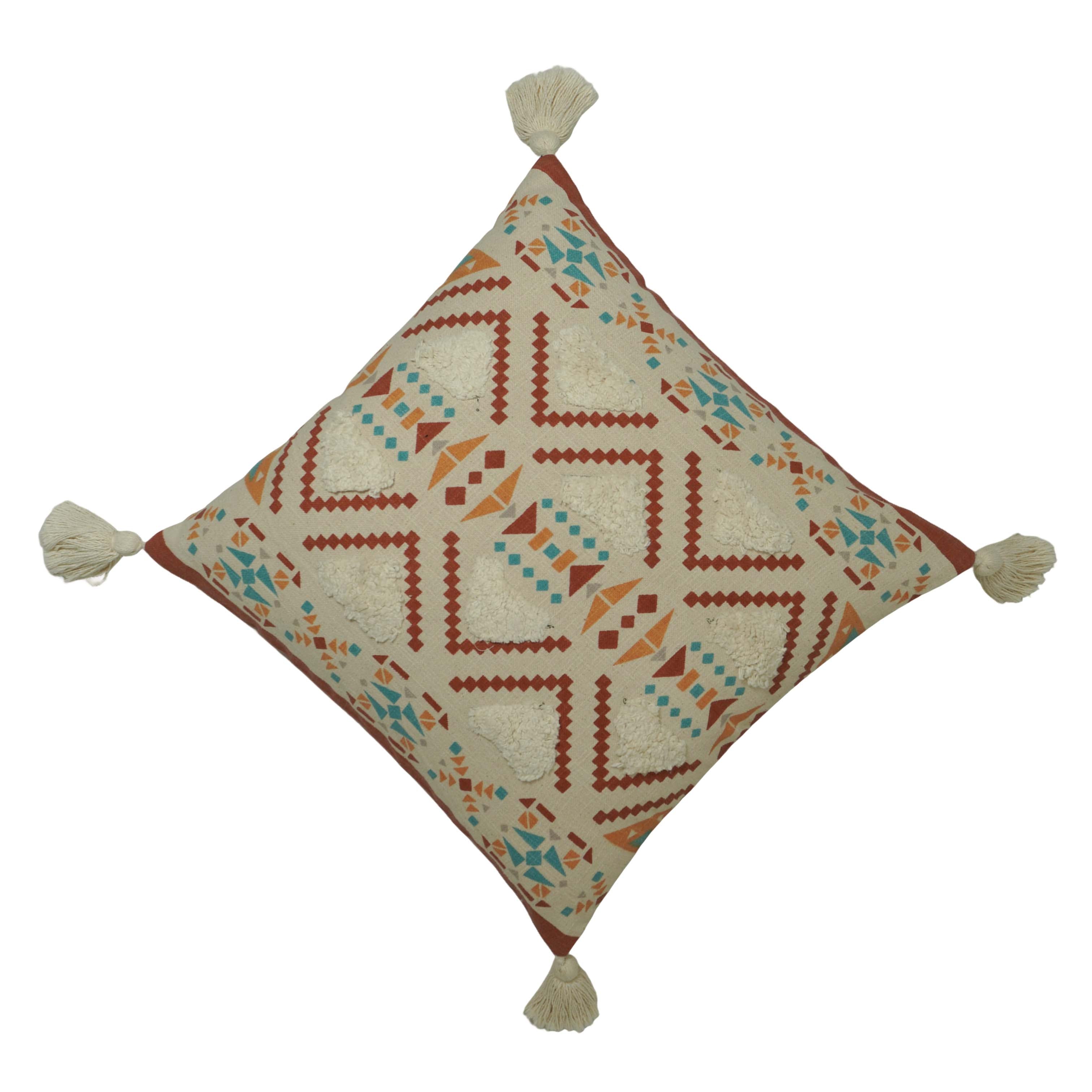 Printed & Tufted Cotton Cushion Cover 45x45 cm | Geometric Boho Decorative Throw Pillow Cover with Tassels | Concealed Zip | Beige Multi