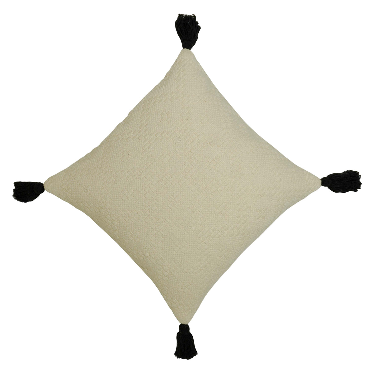 Handwoven Cotton Cushion Cover 45x45 cm – Textured Cream with Black Tassel Corners