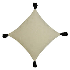 Handwoven Cotton Cushion Cover 45x45 cm – Textured Cream with Black Tassel Corners