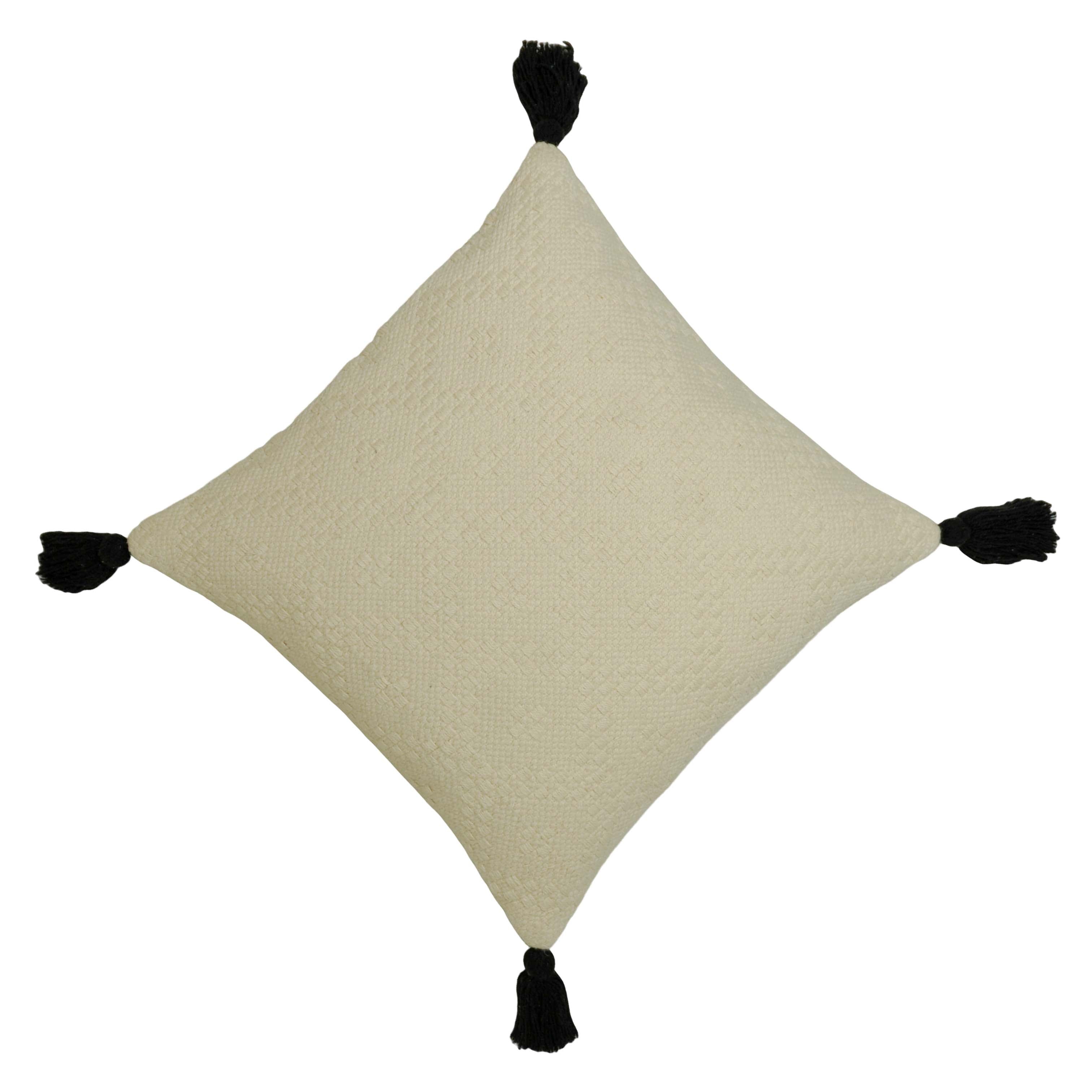 Handwoven Cotton Cushion Cover 45x45 cm – Textured Cream with Black Tassel Corners
