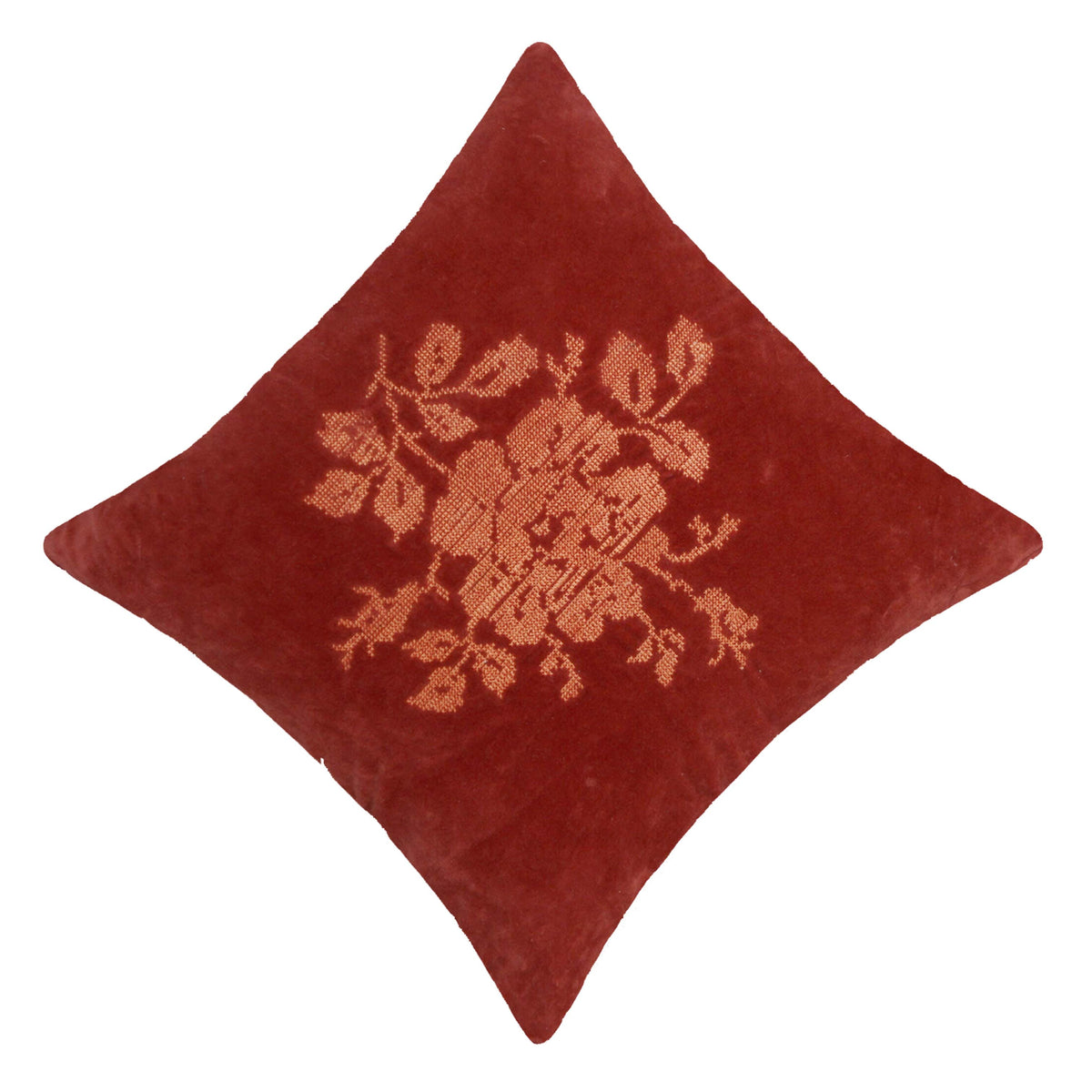 Rust Cotton Velvet Embroidered Cushion Cover 45x45 cm | Floral Embroidery Decorative Throw Pillow Cover | Hidden Zipper | Sofa & Bed Accent Cushion - Bulk manufacturer & supplier from Panipat, India