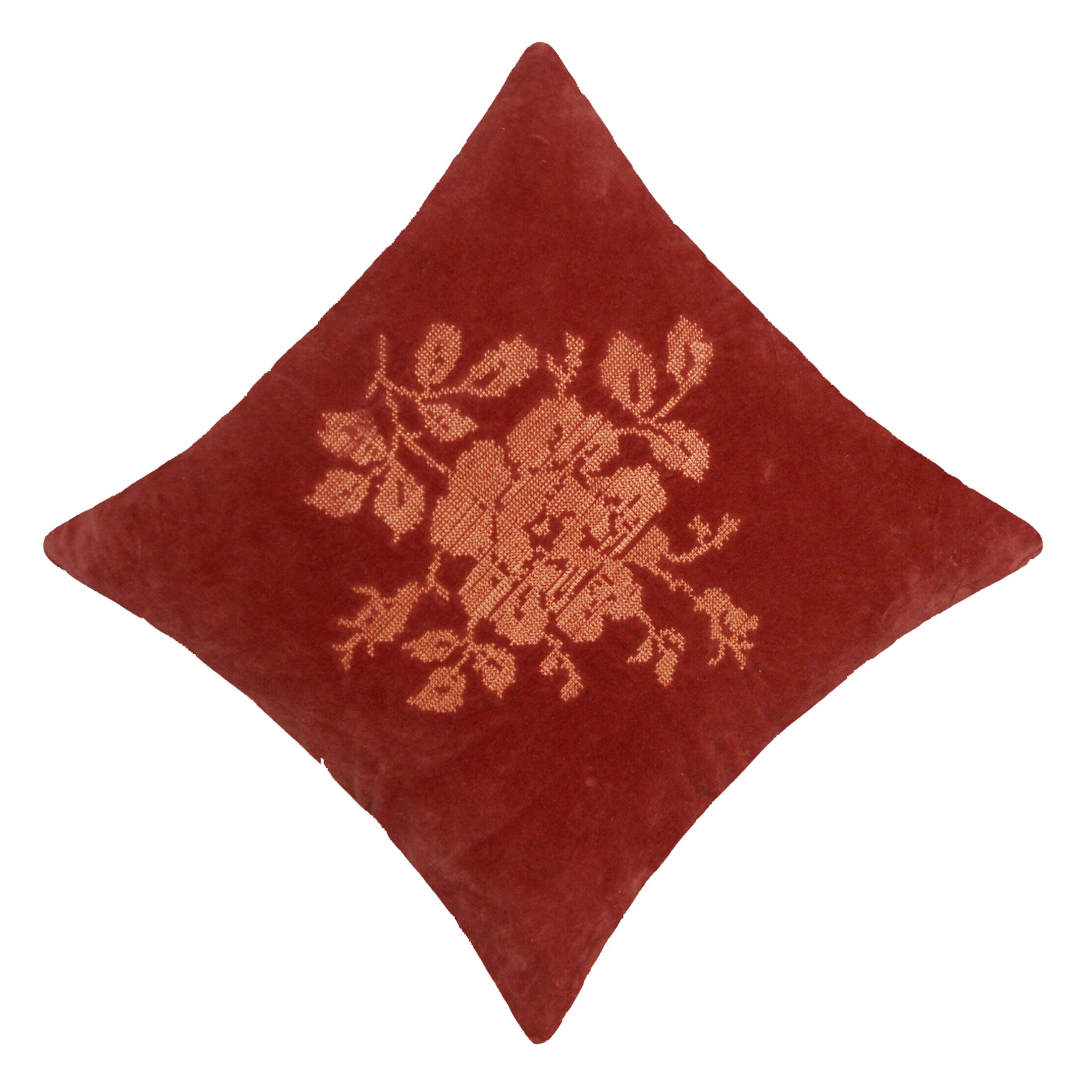 Rust Cotton Velvet Embroidered Cushion Cover 45x45 cm | Floral Embroidery Decorative Throw Pillow Cover | Hidden Zipper | Sofa & Bed Accent Cushion
