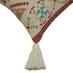Printed & Tufted Cotton Cushion Cover 45x45 cm | Geometric Boho Decorative Throw Pillow Cover with Tassels | Concealed Zip | Beige Multi