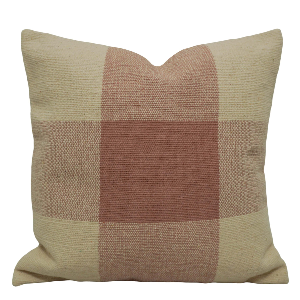 Handwoven Cotton Cushion Cover 45x45 cm | Modern Checkered Woven Throw Pillow Cover | Soft Decorative Cushion Cover with Hidden Zip | Beige & Dusty Rose
