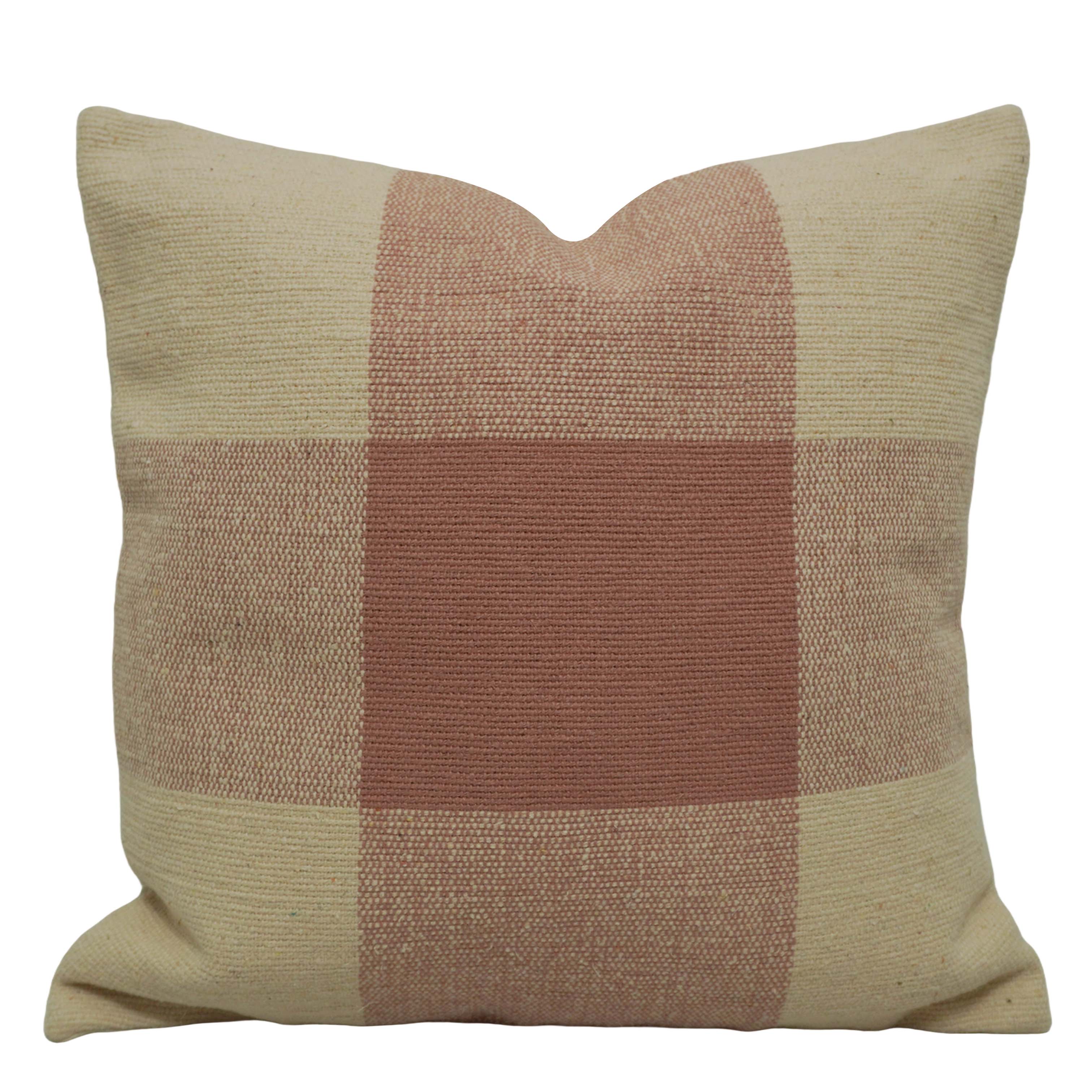 Handwoven Cotton Cushion Cover 45x45 cm | Modern Checkered Woven Throw Pillow Cover | Soft Decorative Cushion Cover with Hidden Zip | Beige & Dusty Rose