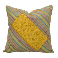 Handwoven Striped Cotton Cushion Cover with Mustard Macramé Panel | Decorative Throw Pillow Cover | 45x45 cm (18x18 Inch)