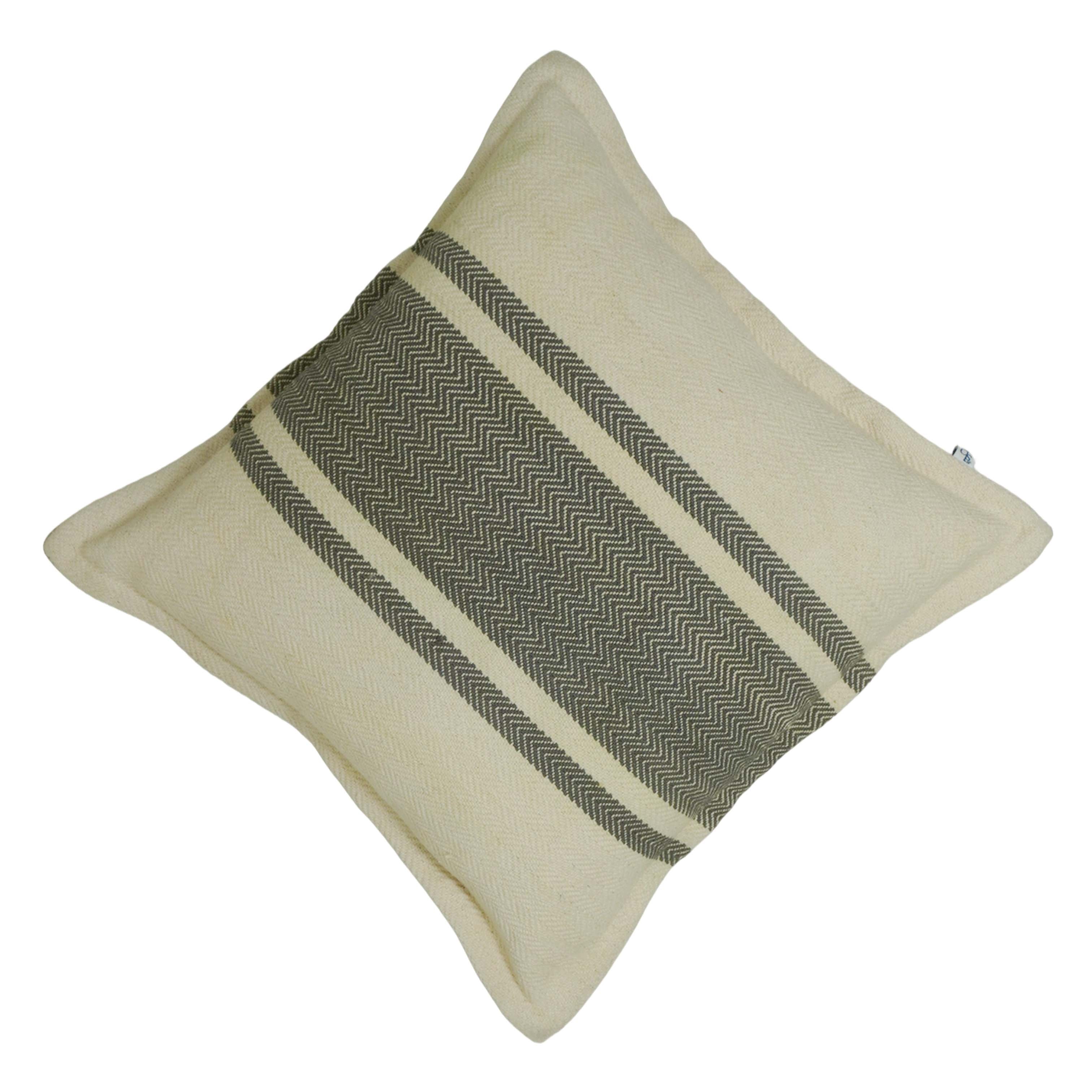 Handwoven Cotton Cushion Cover 45x45 cm – Ivory & Charcoal Geometric Stripe Design