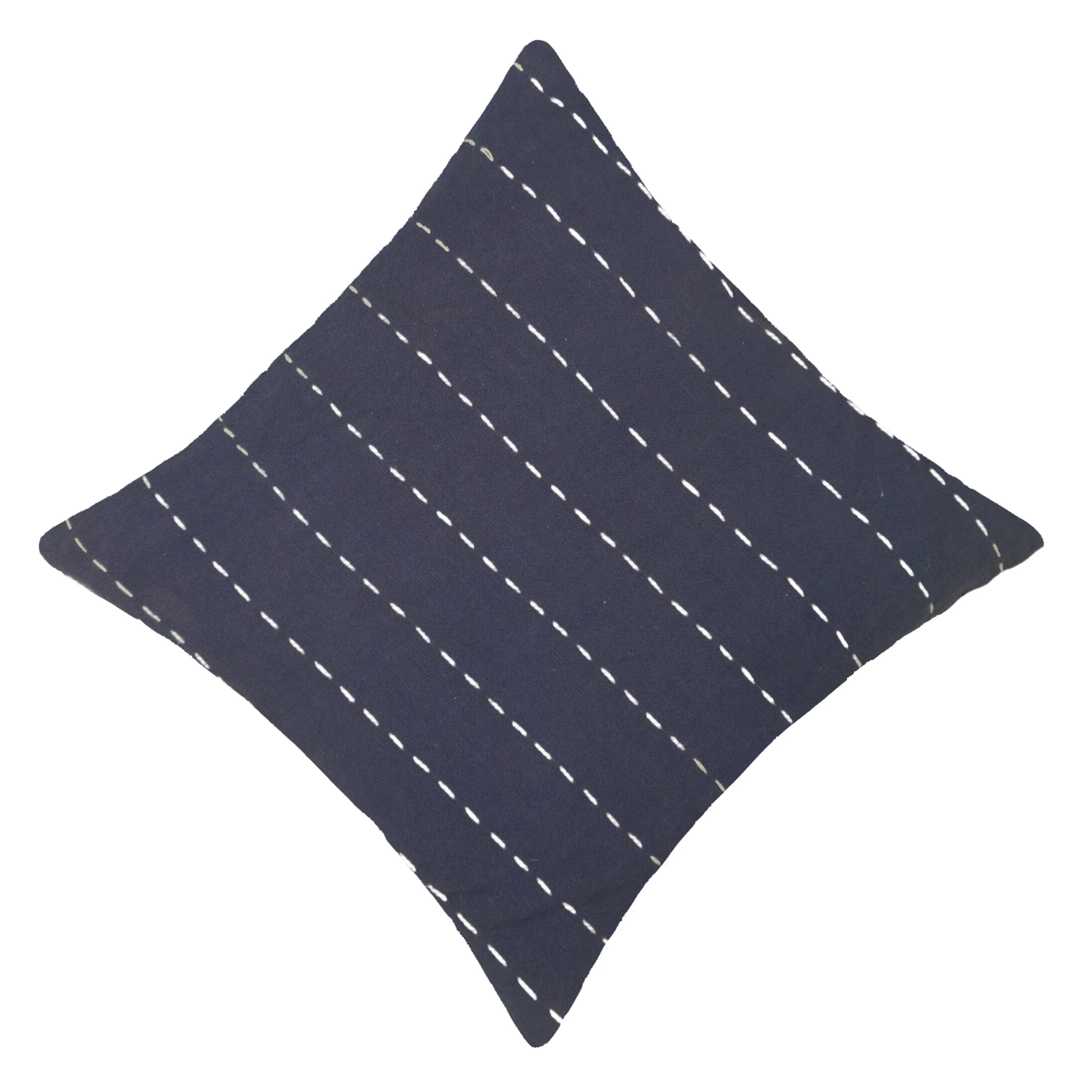 Handwoven Cotton Cushion Cover 45x45 cm | Navy Blue Decorative Throw Pillow Cover with White Running Stitch | Modern Farmhouse Sofa Cushion Cover | Hidden Zipper | 18x18 Inch