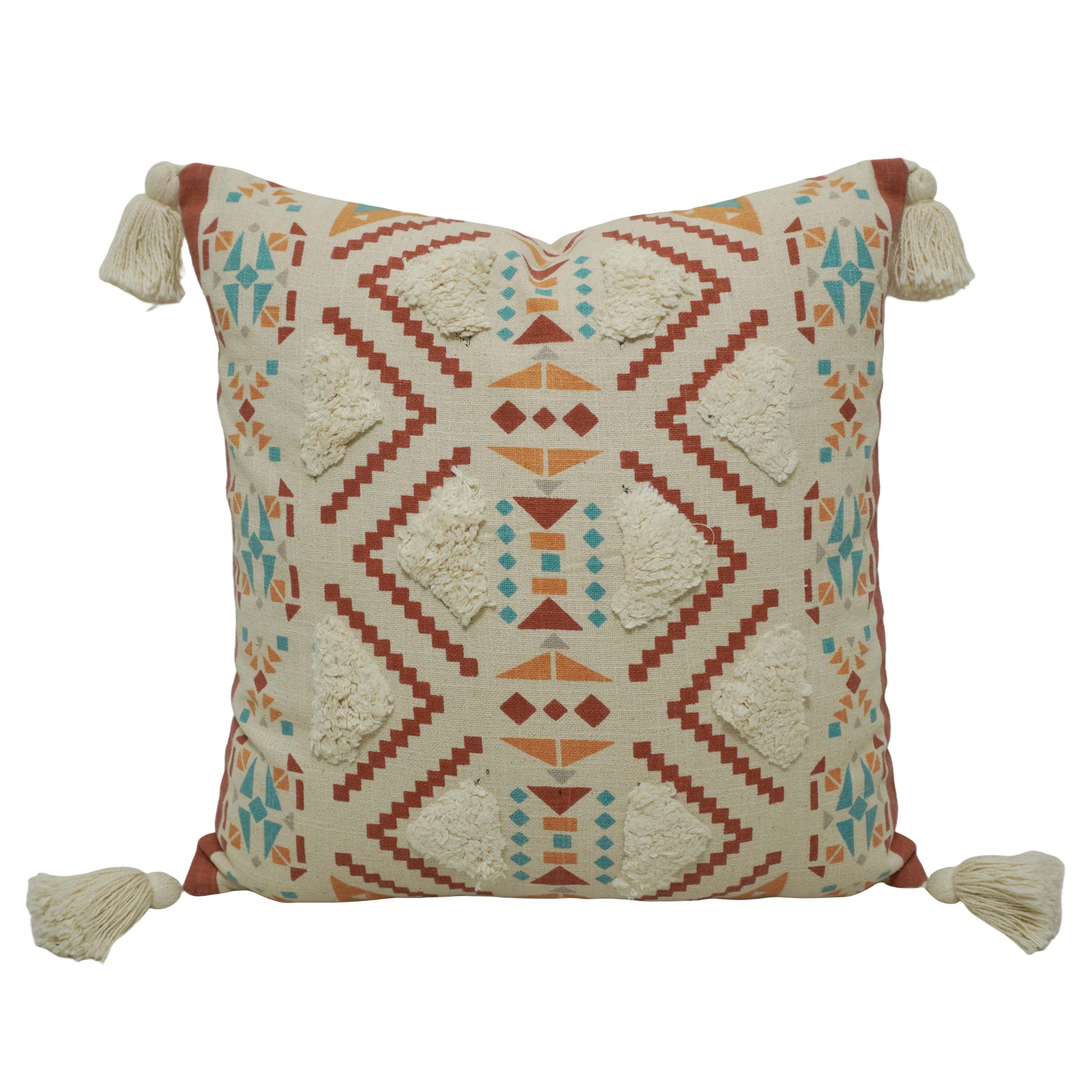 Printed & Tufted Cotton Cushion Cover 45x45 cm | Geometric Boho Decorative Throw Pillow Cover with Tassels | Concealed Zip | Beige Multi