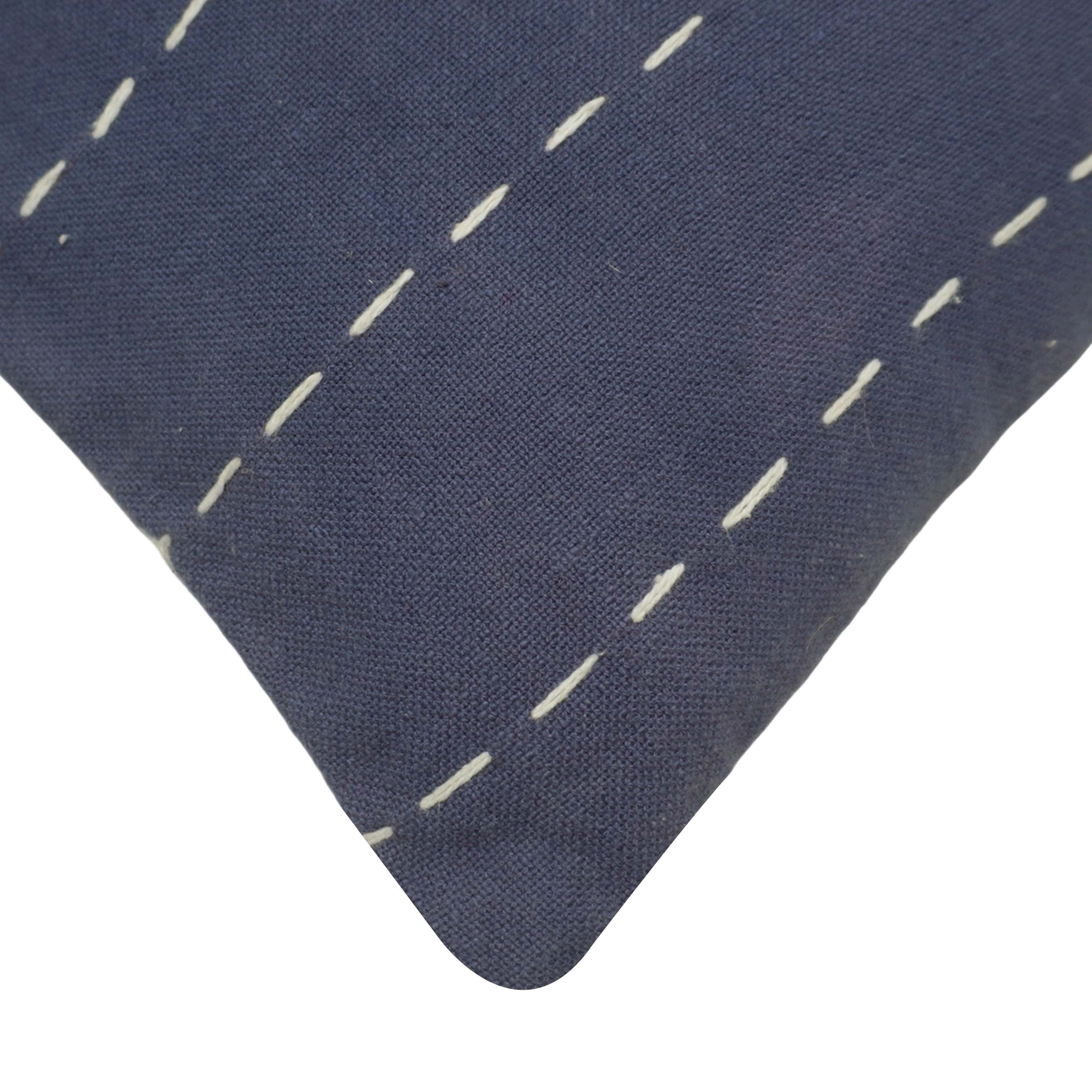 Handwoven Cotton Cushion Cover 45x45 cm | Navy Blue Decorative Throw Pillow Cover with White Running Stitch | Modern Farmhouse Sofa Cushion Cover | Hidden Zipper | 18x18 Inch