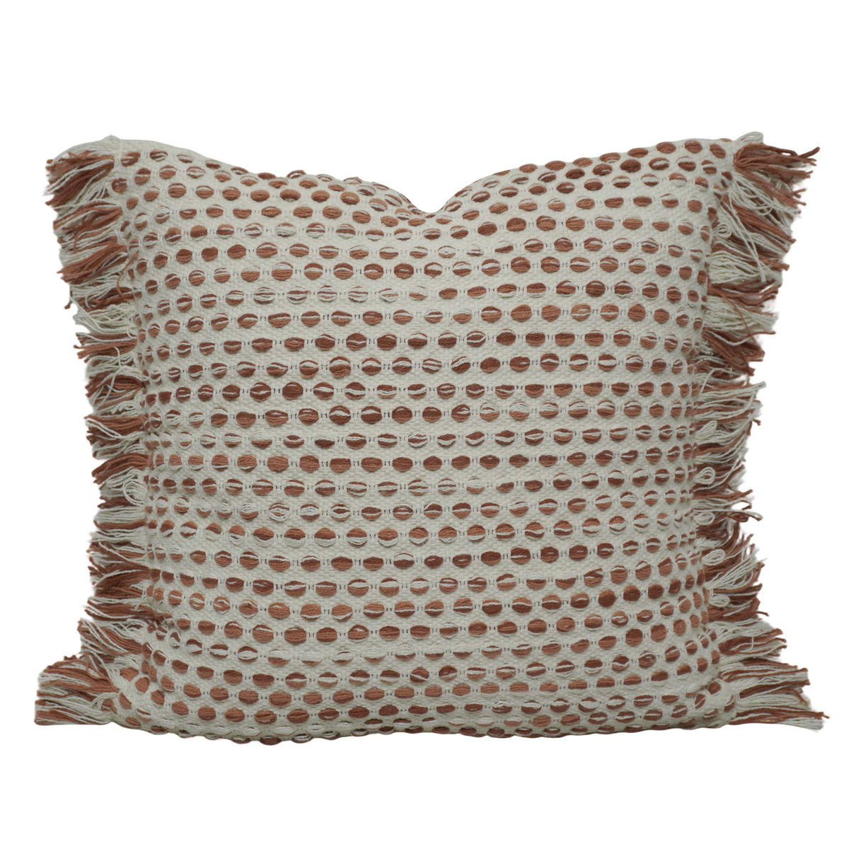 Handwoven Cotton Cushion Cover with Textured Dot Weave & Fringe | Boho Decorative Throw Pillow Cover | 40 x 50 cm | Hidden Zipper