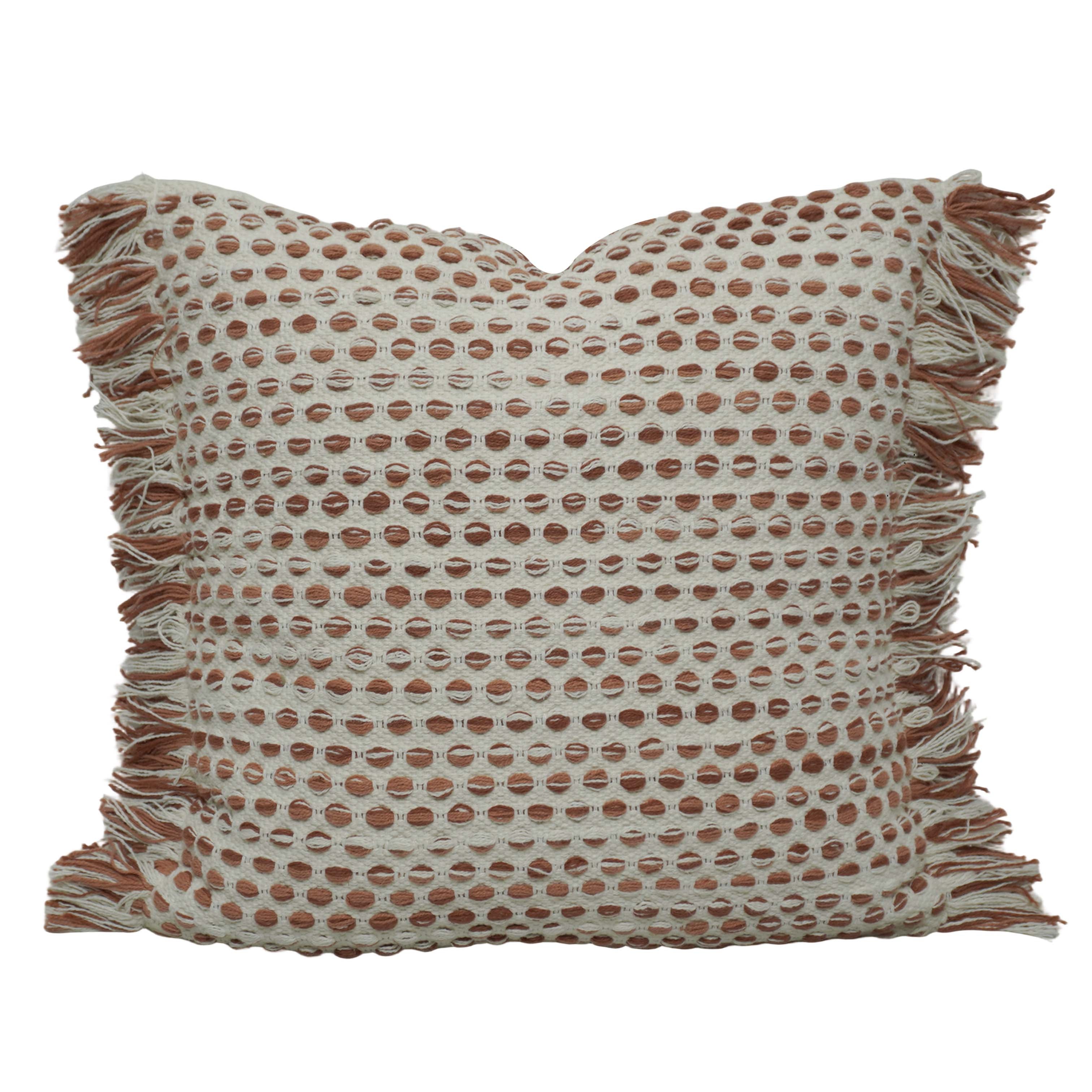 Handwoven Cotton Cushion Cover with Textured Dot Weave & Fringe | Boho Decorative Throw Pillow Cover | 40 x 50 cm | Hidden Zipper