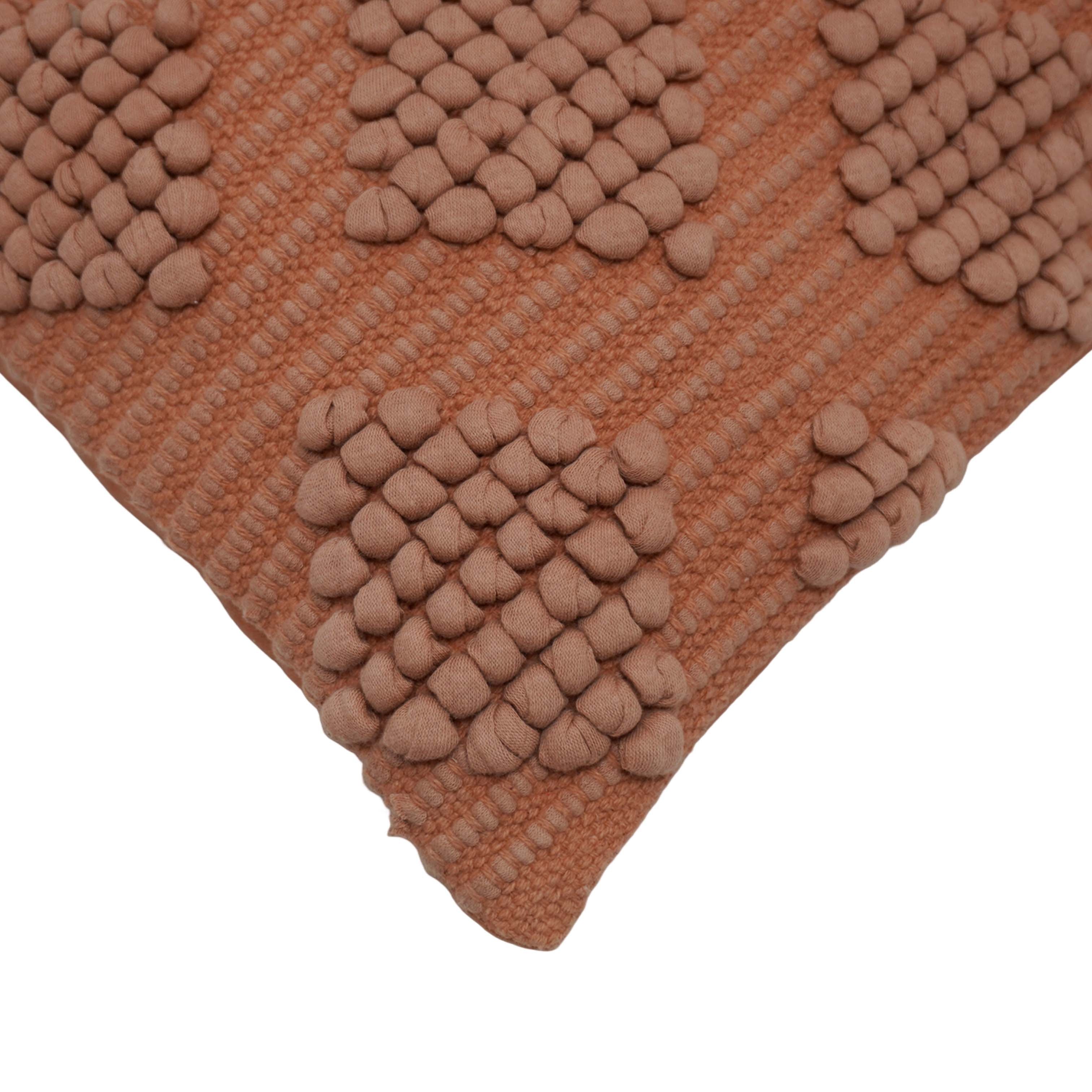 Handwoven Cotton Textured Cushion Cover 45x45 cm | Geometric Bobble Tufted Design | Decorative Throw Pillow Cover | Hidden Zipper | Terracotta