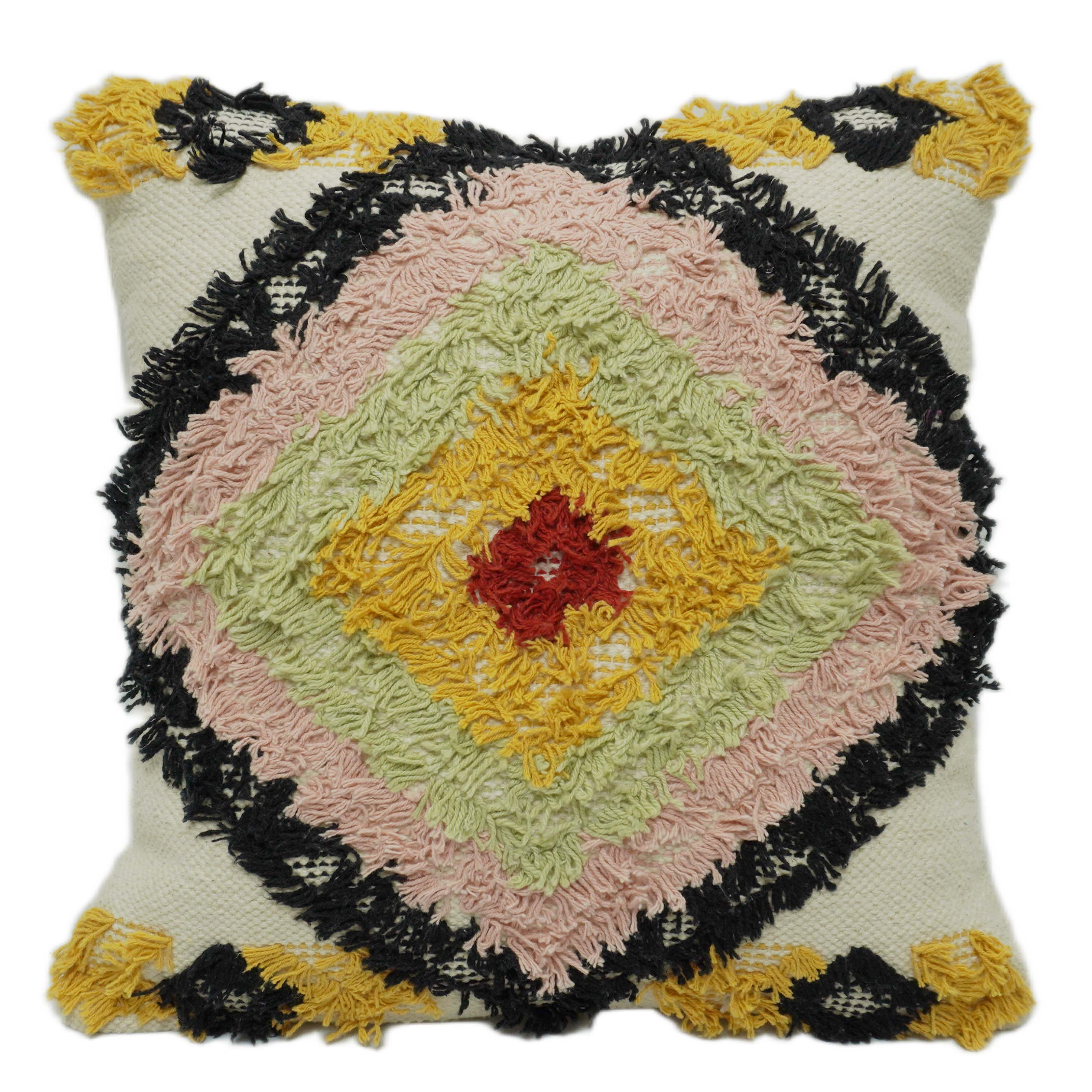 **Handmade Tufted Cotton Cushion Cover – Multicolor Geometric Diamond Design, 45 x 45 cm**
