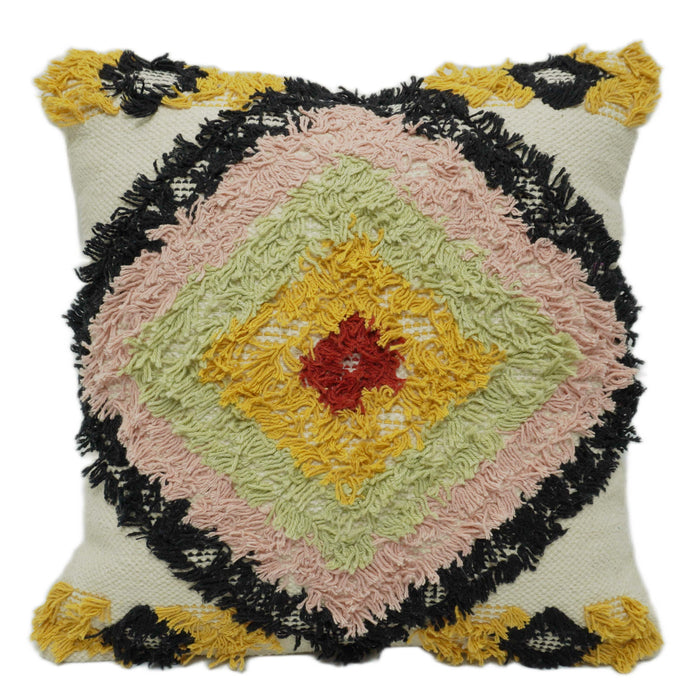 **Handmade Tufted Cotton Cushion Cover – Multicolor Geometric Diamond Design, 45 x 45 cm**