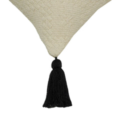 Handwoven Cotton Cushion Cover 45x45 cm – Textured Cream with Black Tassel Corners