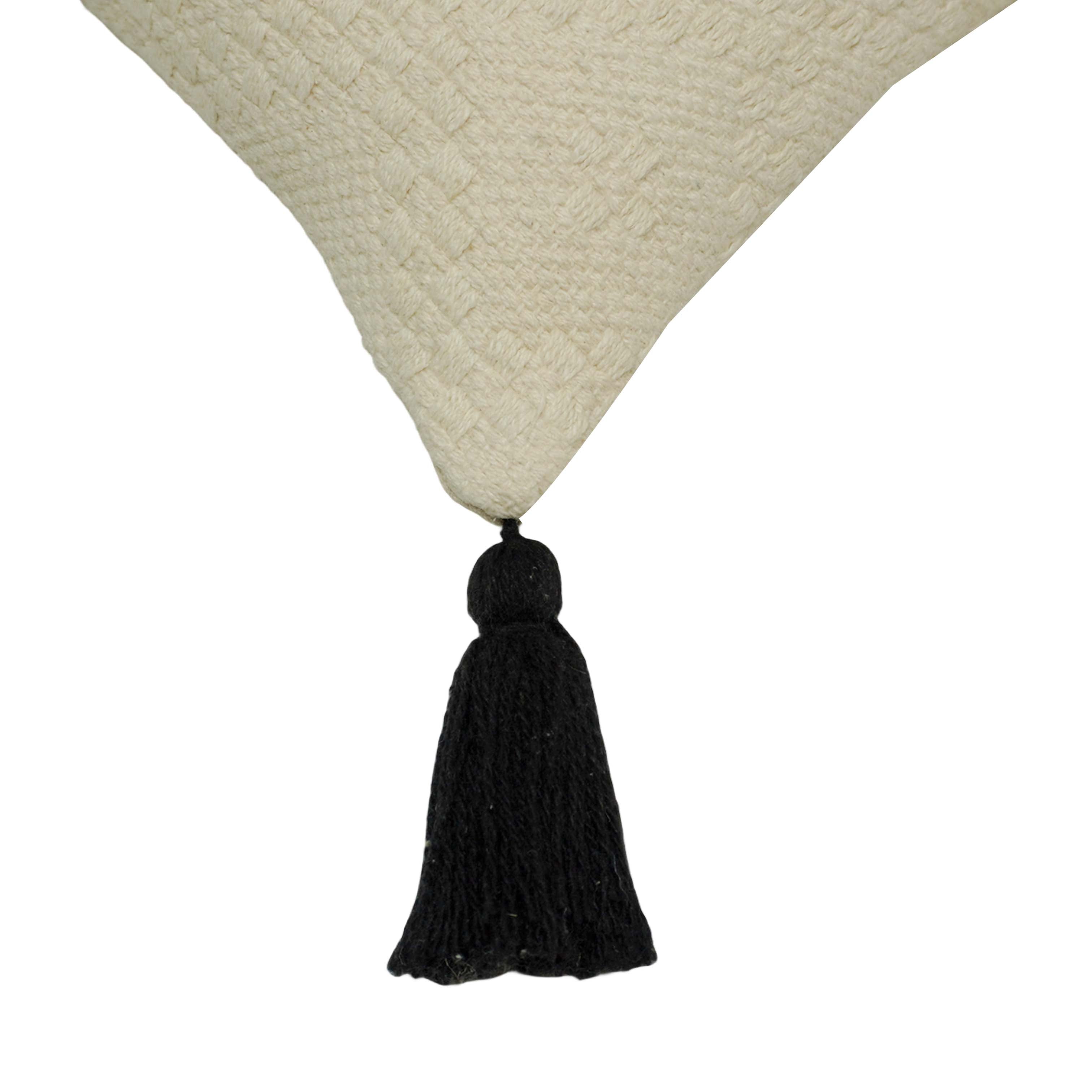 Handwoven Cotton Cushion Cover 45x45 cm – Textured Cream with Black Tassel Corners