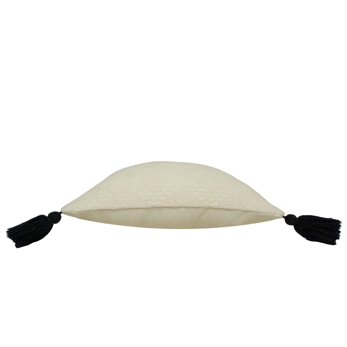 Handwoven Cotton Cushion Cover 45x45 cm – Textured Cream with Black Tassel Corners