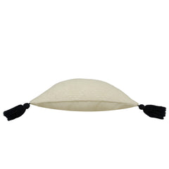 Handwoven Cotton Cushion Cover 45x45 cm – Textured Cream with Black Tassel Corners