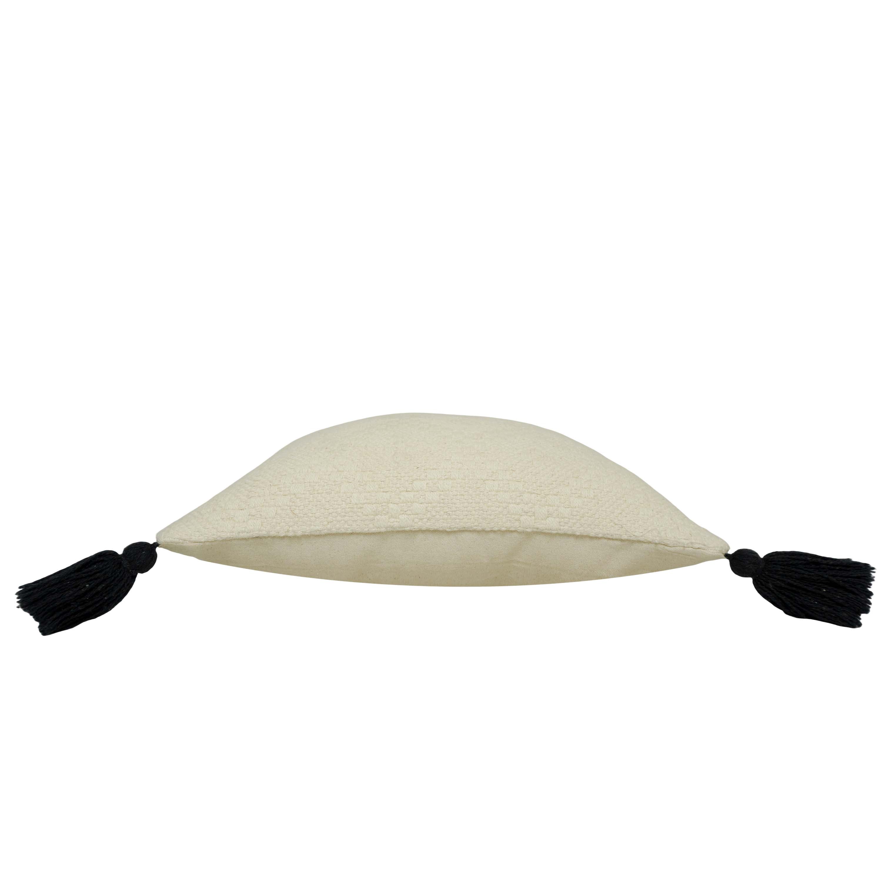 Handwoven Cotton Cushion Cover 45x45 cm – Textured Cream with Black Tassel Corners
