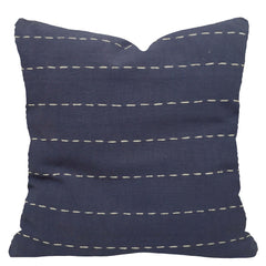 Handwoven Cotton Cushion Cover 45x45 cm | Navy Blue Decorative Throw Pillow Cover with White Running Stitch | Modern Farmhouse Sofa Cushion Cover | Hidden Zipper | 18x18 Inch