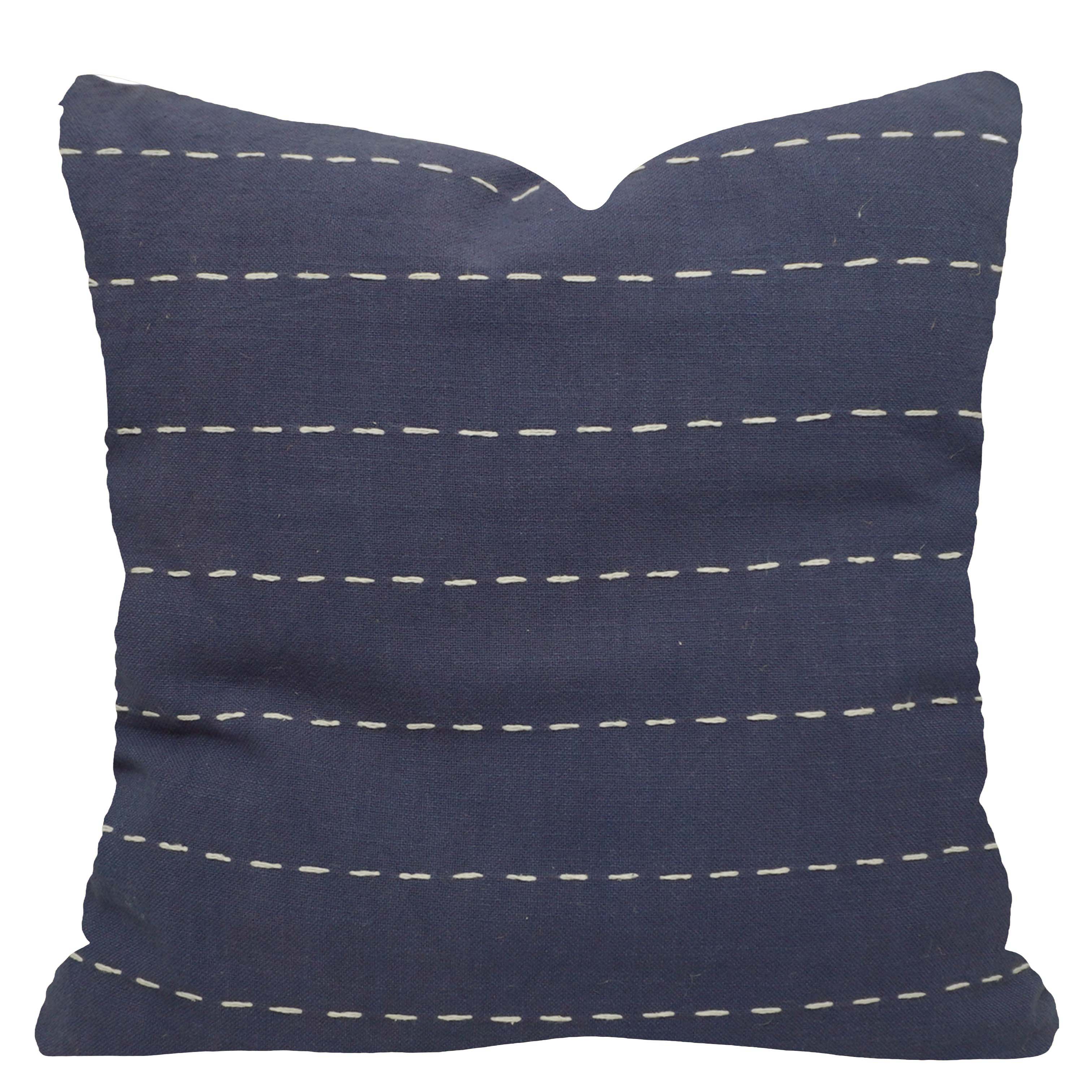 Handwoven Cotton Cushion Cover 45x45 cm | Navy Blue Decorative Throw Pillow Cover with White Running Stitch | Modern Farmhouse Sofa Cushion Cover | Hidden Zipper | 18x18 Inch
