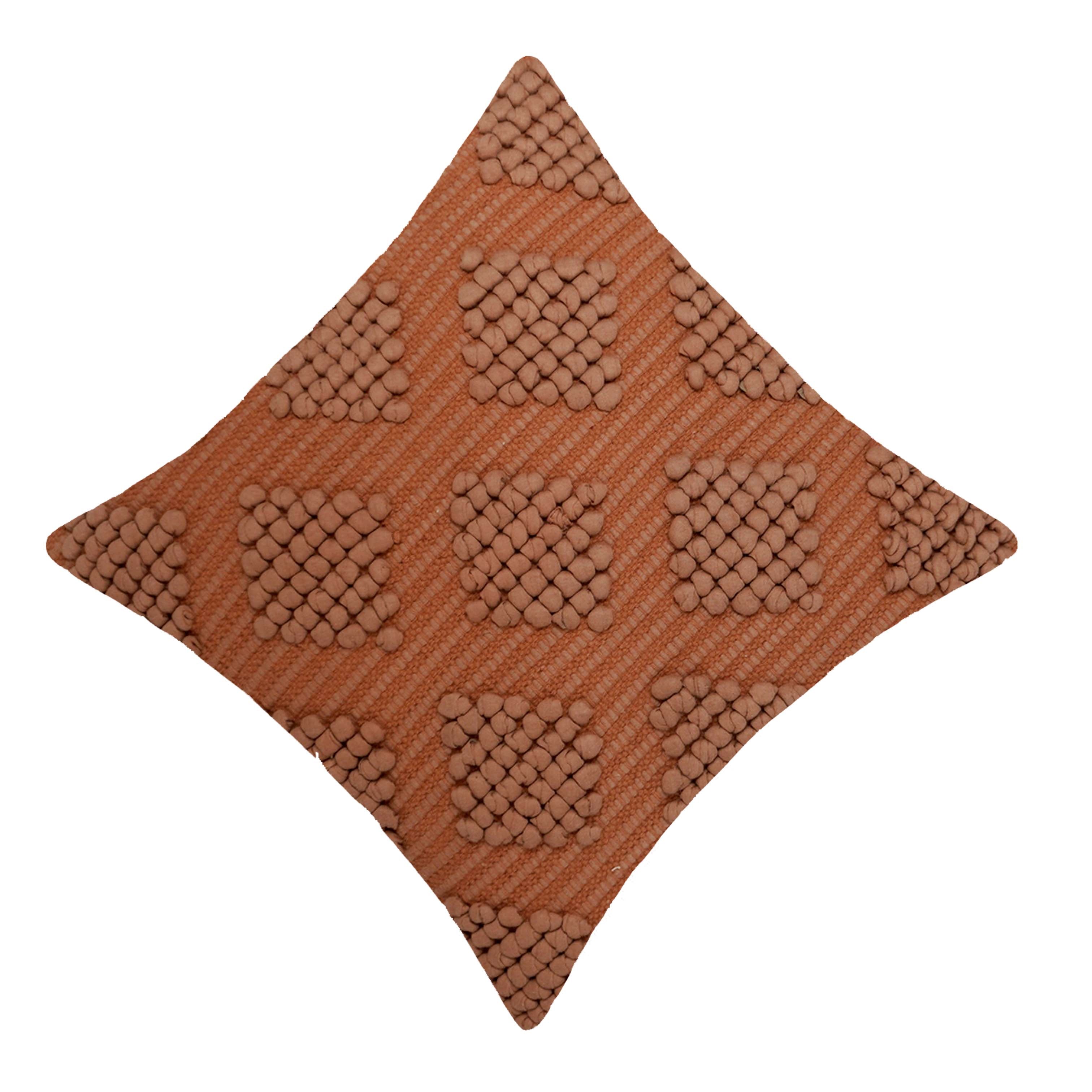 Handwoven Cotton Textured Cushion Cover 45x45 cm | Geometric Bobble Tufted Design | Decorative Throw Pillow Cover | Hidden Zipper | Terracotta